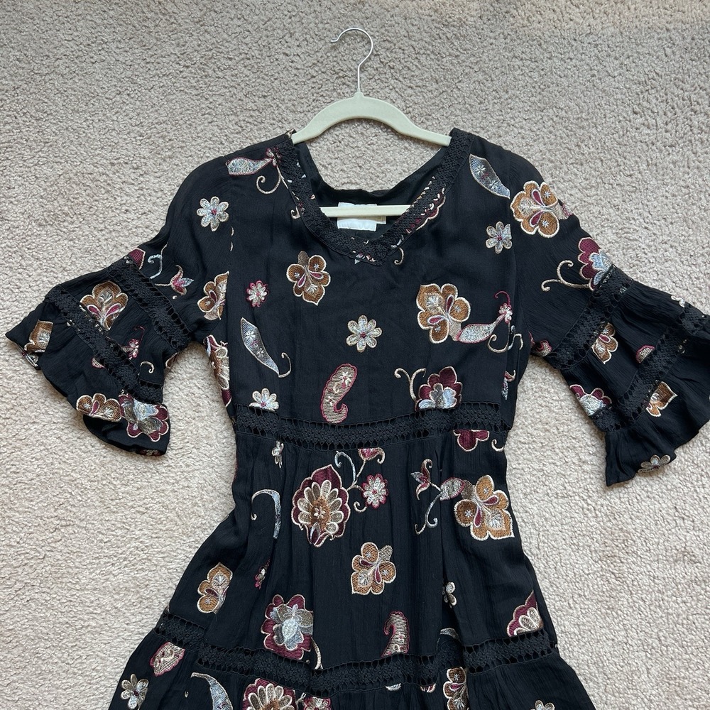 Anthropologie‎ Eri Ali Black Short Dress Embroidered Flowers Ruffled Sleeves M - Picture 2 of 10